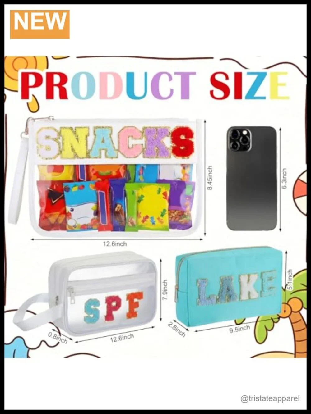 3-Piece Chenille Letter Storage Pouch Set, Waterproof Nylon and PVC, Wrist